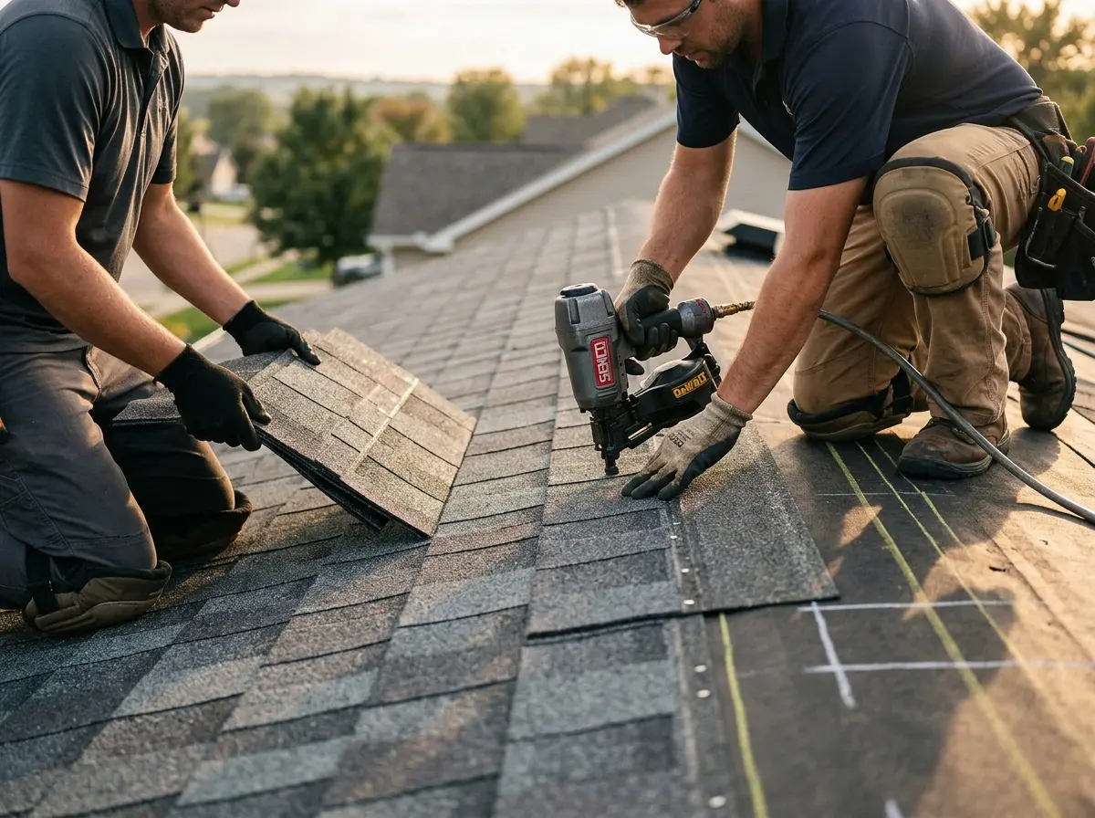 Professional roofer working on a residential roof in Binghamton